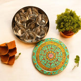 Hand Painted Spice Box With 7 Compartments - Green And Gold Design